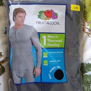 2  PACK! FRUIT of the LOOM HENLEY THERMAL BLACK LG